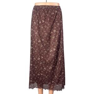 Women's Brown Floral Mesh Sheer Lettuce Hem High Rise Slim Maxi A-Line Skirt L